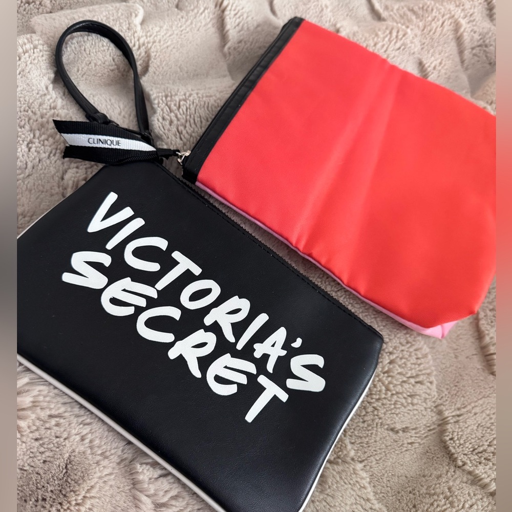 Victoria's Secret Black/White and Clinique Orange/Pink Cosmetic Bags (Lot of 2)